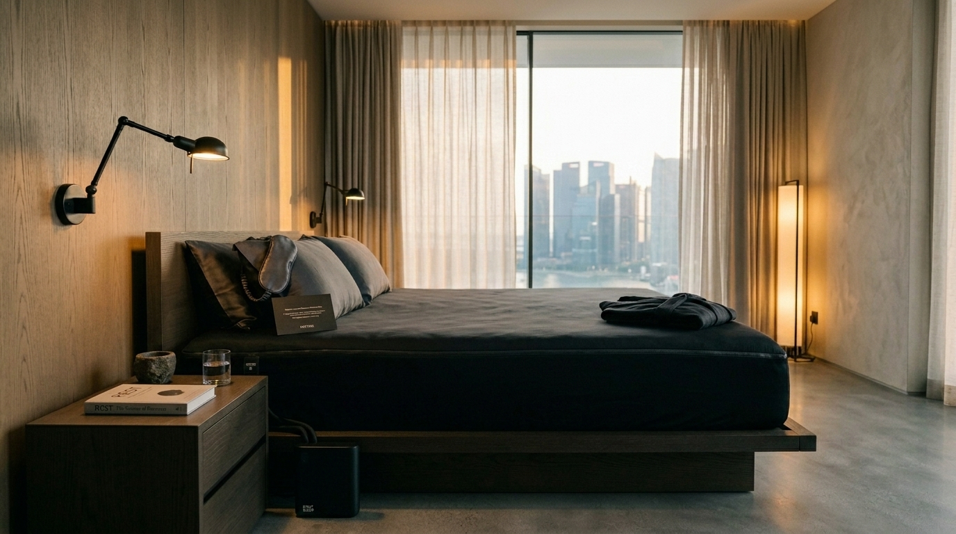 Premium hotel bedroom in Singapore with sleep mask and skyline view