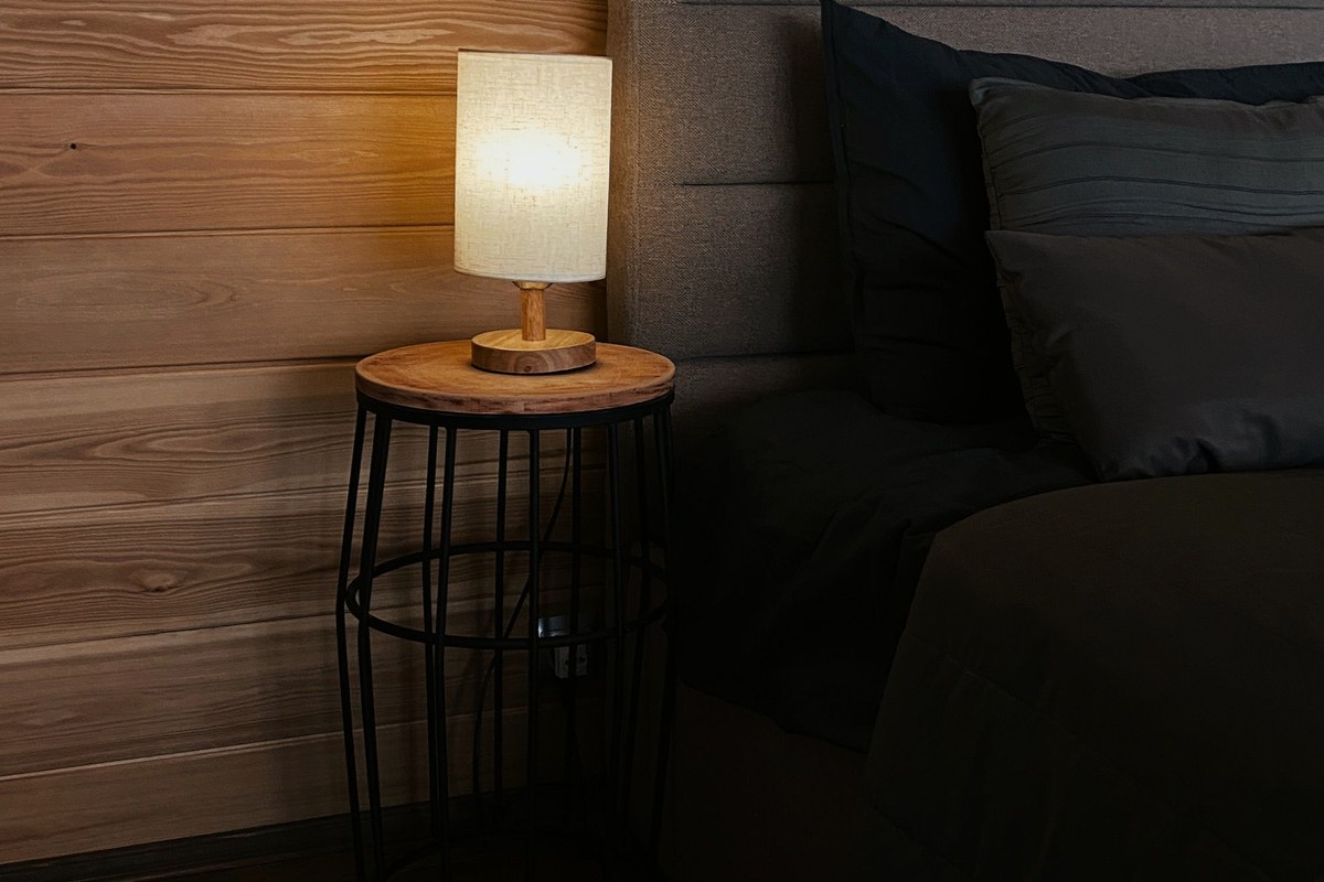 A calm, dark bedroom at night