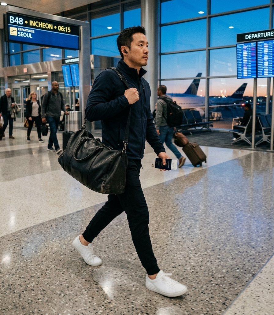 Traveler walking through an airport terminal at dawn