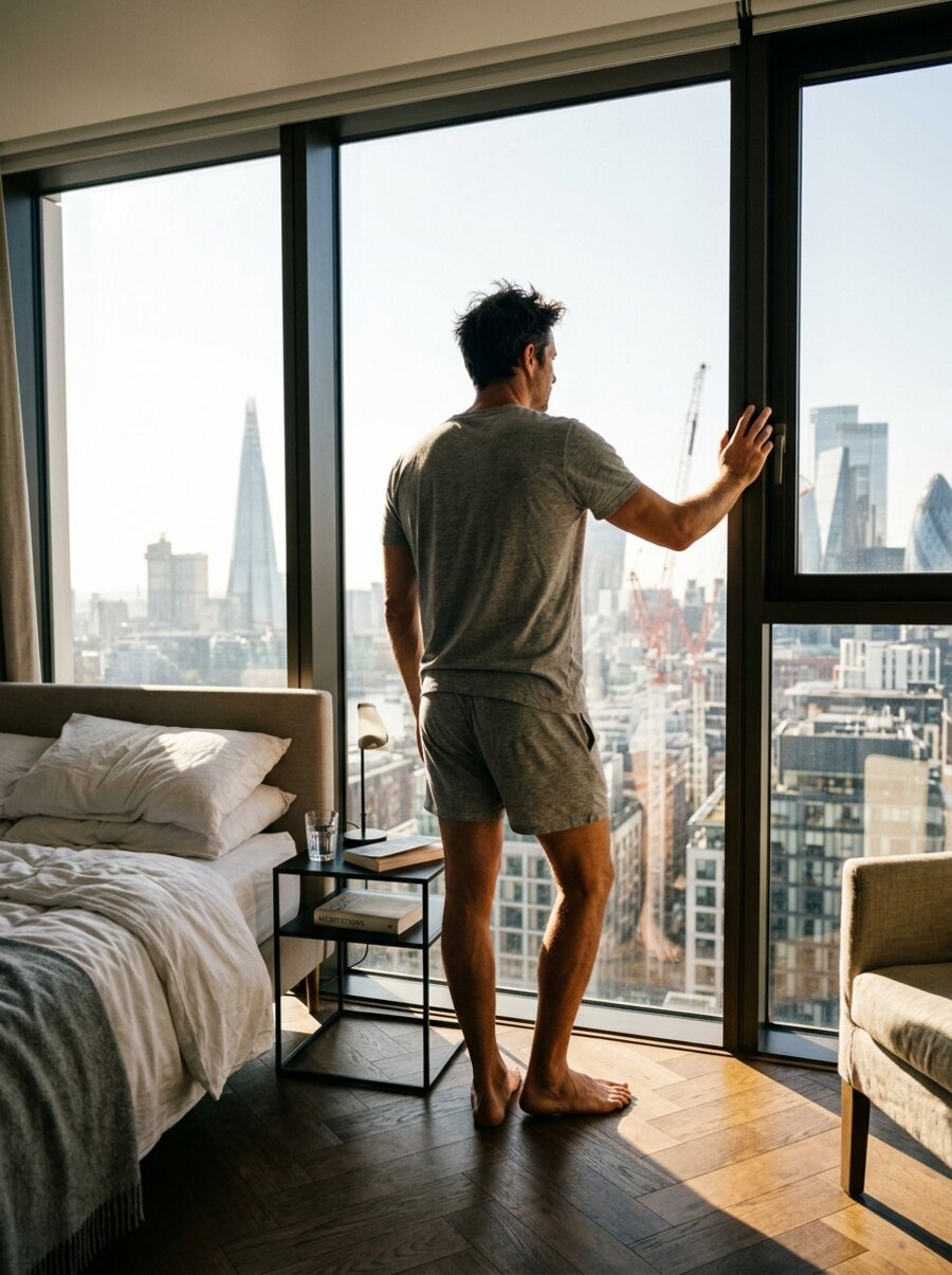 Person in a calm bedroom at first light, glass of water on the nightstand