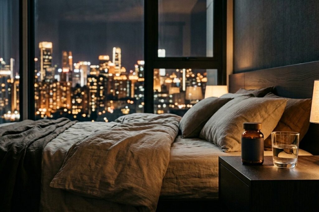 Calm dark bedroom at night with a city skyline — magnesium for sleep