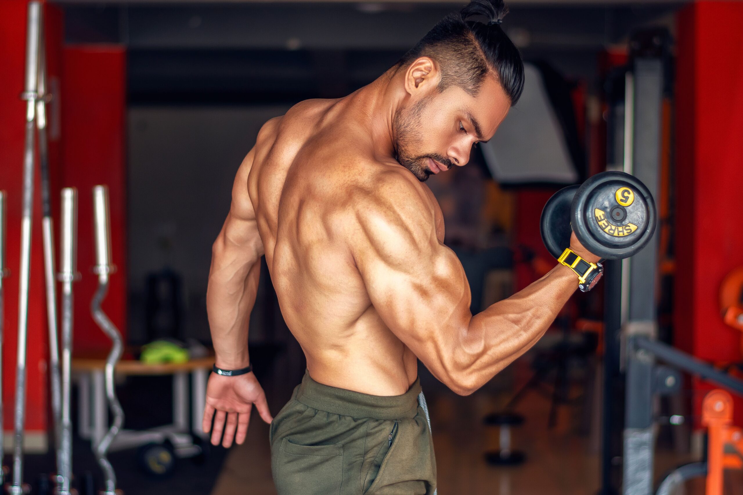 Muscular man performing a dumbbell curl in a gym